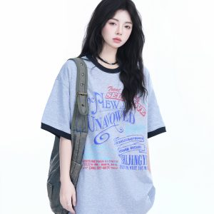 American Retro Color-Block Round Neck Short Sleeve T-Shirt for Women - Loose Fit Summer Style, Casual Couple Top