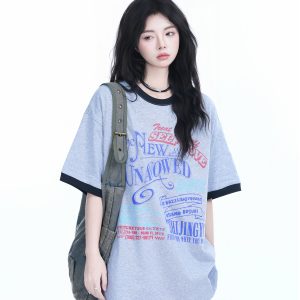 American Retro Color-Block Round Neck Short Sleeve T-Shirt for Women - Loose Fit Summer Style, Casual Couple Top