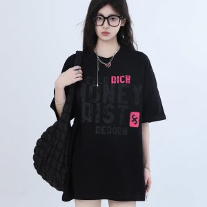 American Retro Color-Blocked Letter Short Sleeve T-Shirt for Women - Unique Loose Trendy Style, Casual Vintage 90s Fashion