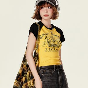 American Retro Color-Blocked Short-Sleeve T-Shirt for Women, Summer Spicy Girl Cropped Fitted Top, 90s Y2K Style