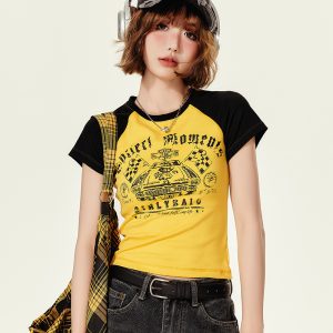 American Retro Color-Blocked Short-Sleeve T-Shirt for Women, Summer Spicy Girl Cropped Fitted Top, 90s Y2K Style