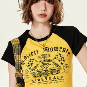 American Retro Color-Blocked Short-Sleeve T-Shirt for Women, Summer Spicy Girl Cropped Fitted Top, 90s Y2K Style