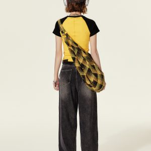 American Retro Color-Blocked Short-Sleeve T-Shirt for Women, Summer Spicy Girl Cropped Fitted Top, 90s Y2K Style