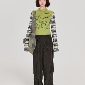 American Retro Color-Blocked Striped Long Sleeve T-Shirt for Women - Fitted High-Neck Autumn Style Top