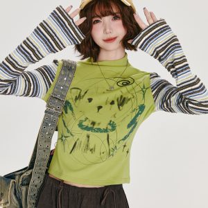 American Retro Color-Blocked Striped Long Sleeve T-Shirt for Women - Fitted High-Neck Autumn Style Top