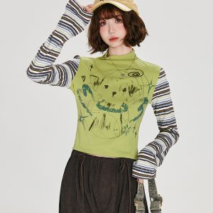 American Retro Color-Blocked Striped Long Sleeve T-Shirt for Women - Fitted High-Neck Autumn Style Top