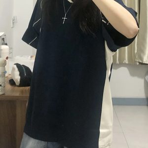 American Retro Color-Blocked V-Neck Short Sleeve T-Shirt for Women - Trendy Summer Sports College Style Top