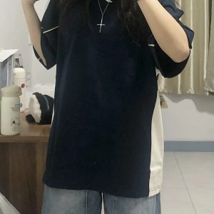 American Retro Color-Blocked V-Neck Short Sleeve T-Shirt for Women - Trendy Summer Sports College Style Top