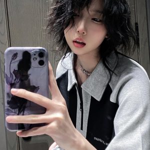 American Retro Color-Blocking Heavyweight Polo T-Shirt for Women - Short Sleeve Summer College Style Top