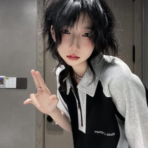 American Retro Color-Blocking Heavyweight Polo T-Shirt for Women - Short Sleeve Summer College Style Top