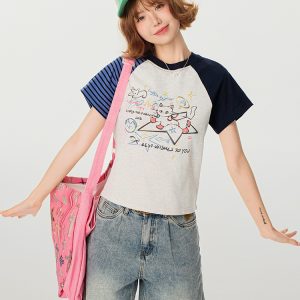 American Retro Color-Blocking Printed Raglan Short Sleeve T-Shirt for Women - Slim Fit Casual Summer Top