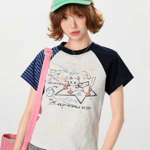 American Retro Color-Blocking Printed Raglan Short Sleeve T-Shirt for Women - Slim Fit Casual Summer Top