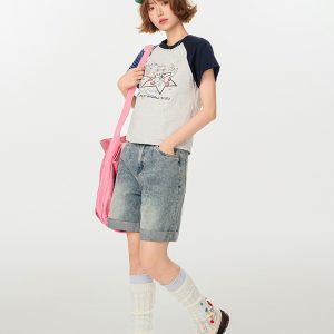 American Retro Color-Blocking Printed Raglan Short Sleeve T-Shirt for Women - Slim Fit Casual Summer Top