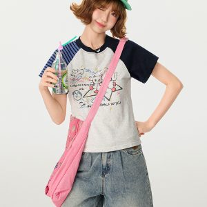 American Retro Color-Blocking Printed Raglan Short Sleeve T-Shirt for Women - Slim Fit Casual Summer Top