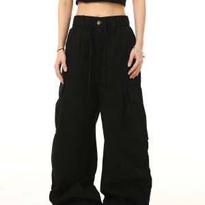 American Retro Cuffed Hip-Hop Cargo Pants for Men - Wide-Leg Floor-Length Streetwear Parachute Style Casual Trousers
