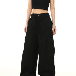 American Retro Cuffed Hip-Hop Cargo Pants for Men - Wide-Leg Floor-Length Streetwear Parachute Style Casual Trousers