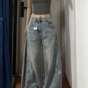 American Retro Curved Blade Wide-Leg Jeans for Men & Women, Loose Deconstructed Design, Washed Distressed Floor-Length Pants