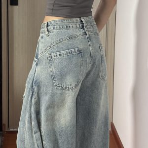 American Retro Curved Blade Wide-Leg Jeans for Men & Women, Loose Deconstructed Design, Washed Distressed Floor-Length Pants