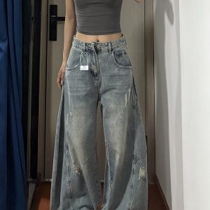 American Retro Curved Blade Wide-Leg Jeans for Men & Women, Loose Deconstructed Design, Washed Distressed Floor-Length Pants