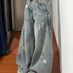 American Retro Curved Blade Wide-Leg Jeans for Men & Women, Loose Deconstructed Design, Washed Distressed Floor-Length Pants