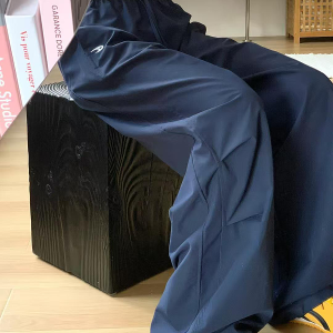 American Retro Dark Blue Wide-Leg Cargo Pants for Women - Casual Straight-Leg Sports Trousers with Drawstring, Floor-Length for Spring Autumn