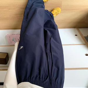 American Retro Dark Blue Wide-Leg Cargo Pants for Women - Casual Straight-Leg Sports Trousers with Drawstring, Floor-Length for Spring Autumn