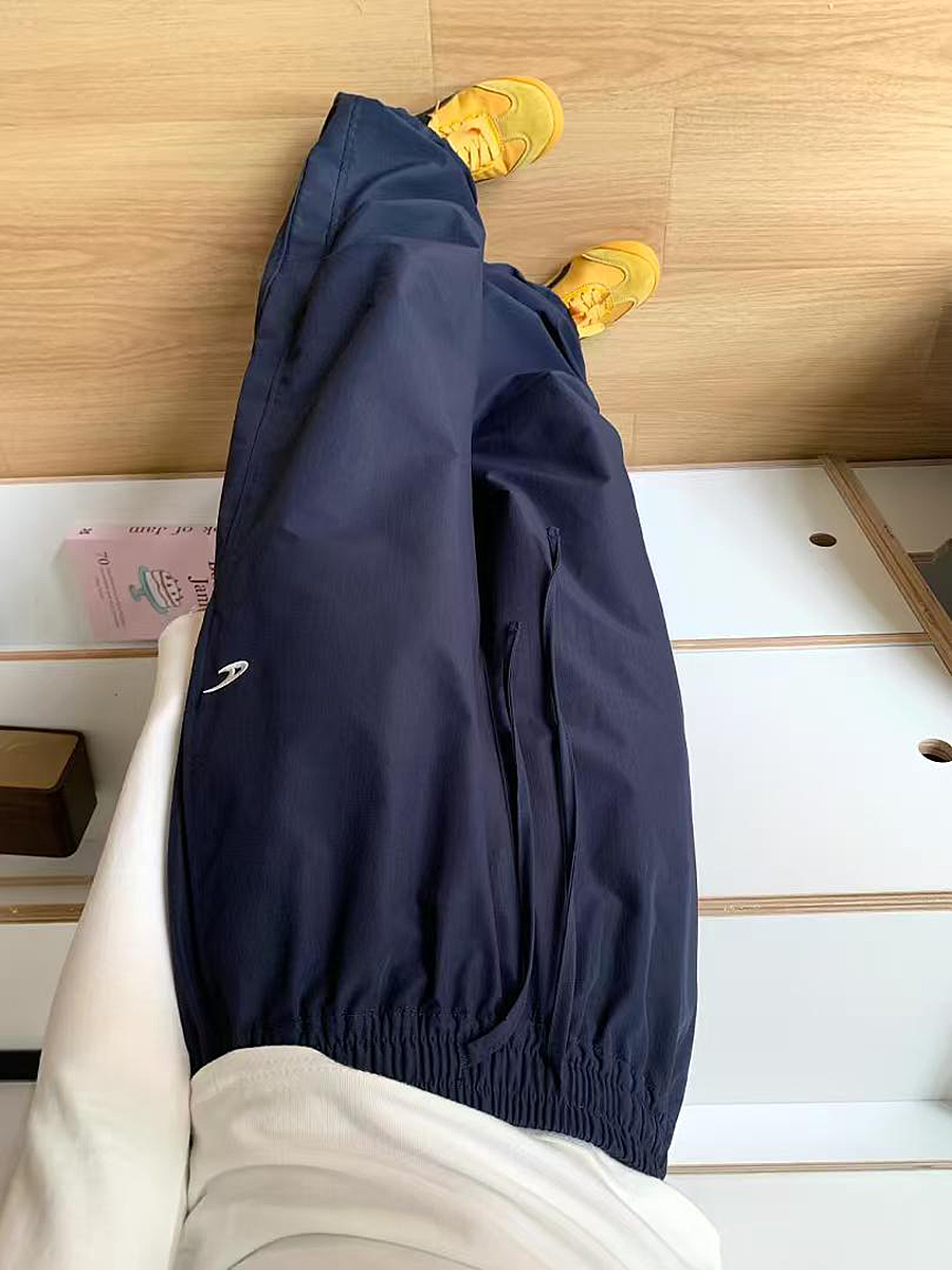 American Retro Dark Blue Wide-Leg Cargo Pants for Women - Casual Straight-Leg Sports Trousers with Drawstring, Floor-Length for Spring Autumn American Retro Dark Blue Wide-Leg Cargo Pants for Women - Casual Straight-Leg Sports Trousers with Drawstring, Floor-Length for Spring Autumn