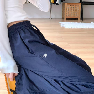 American Retro Dark Blue Wide-Leg Cargo Pants for Women - Casual Straight-Leg Sports Trousers with Drawstring, Floor-Length for Spring Autumn