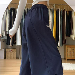 American Retro Dark Blue Wide-Leg Cargo Pants for Women - Casual Straight-Leg Sports Trousers with Drawstring, Floor-Length for Spring Autumn