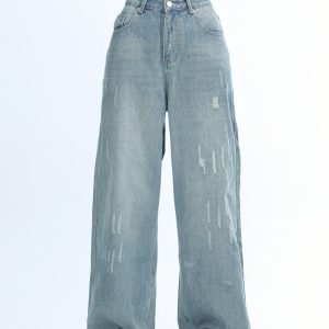 American Retro Distressed Ripped Denim Pants for Women - Washed Loose Slim Wide-Leg Trousers, Trendy Y2K Hot Girl Style