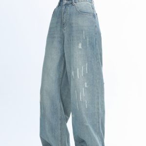 American Retro Distressed Ripped Denim Pants for Women - Washed Loose Slim Wide-Leg Trousers, Trendy Y2K Hot Girl Style