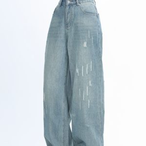 American Retro Distressed Ripped Denim Pants for Women - Washed Loose Slim Wide-Leg Trousers, Trendy Y2K Hot Girl Style