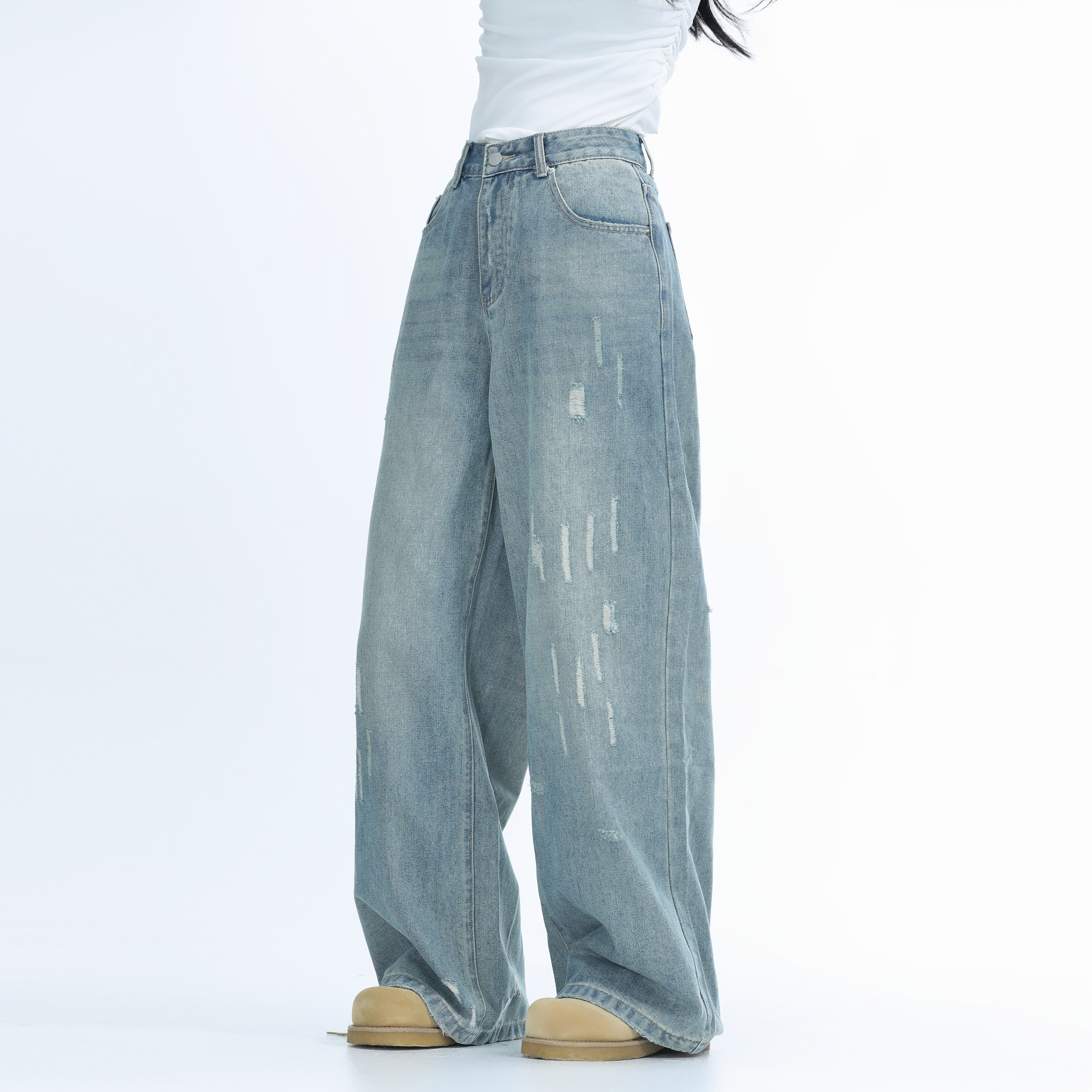 American Retro Distressed Ripped Denim Pants for Women - Washed Loose Slim Wide-Leg Trousers, Trendy Y2K Hot Girl Style