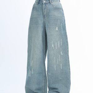 American Retro Distressed Ripped Denim Pants for Women - Washed Loose Slim Wide-Leg Trousers, Trendy Y2K Hot Girl Style