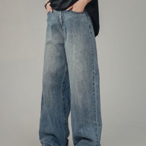 American Retro Drop-Crotch Jeans for Men and Women, Clean Fit Long Straight Casual Pants, Y2K Style, Unisex Fashion