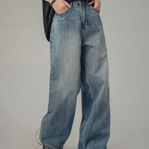American Retro Drop-Crotch Jeans for Men and Women, Clean Fit Long Straight Casual Pants, Y2K Style, Unisex Fashion