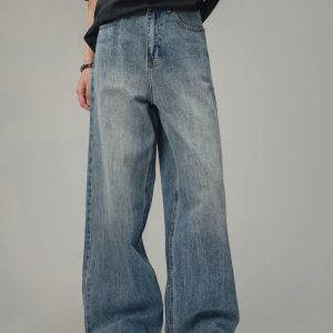 American Retro Drop-Crotch Jeans for Men and Women, Clean Fit Long Straight Casual Pants, Y2K Style, Unisex Fashion