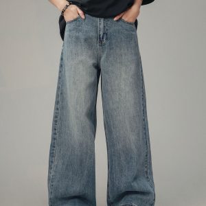 American Retro Drop-Crotch Jeans for Men and Women, Clean Fit Long Straight Casual Pants, Y2K Style, Unisex Fashion