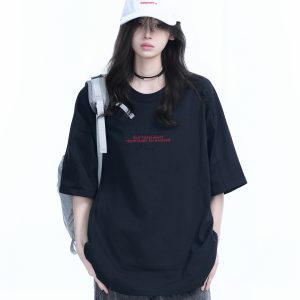 American Retro Embroidered Black Short-Sleeve T-Shirt for Women - Oversized Loose Fit, Trendy Summer Style