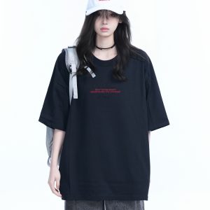 American Retro Embroidered Black Short-Sleeve T-Shirt for Women - Oversized Loose Fit, Trendy Summer Style