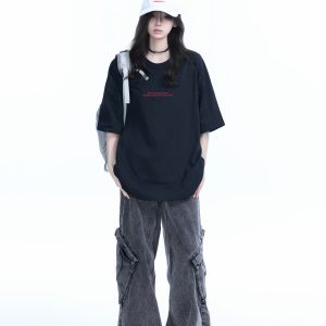 American Retro Embroidered Black Short-Sleeve T-Shirt for Women - Oversized Loose Fit, Trendy Summer Style