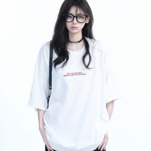 American Retro Embroidered Black Short-Sleeve T-Shirt for Women - Oversized Loose Fit, Trendy Summer Style