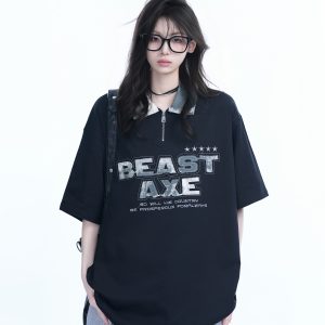 American Retro Embroidered Half-Zip Collar Oversized Short-Sleeve T-Shirt for Women - Casual Y2K Style Top