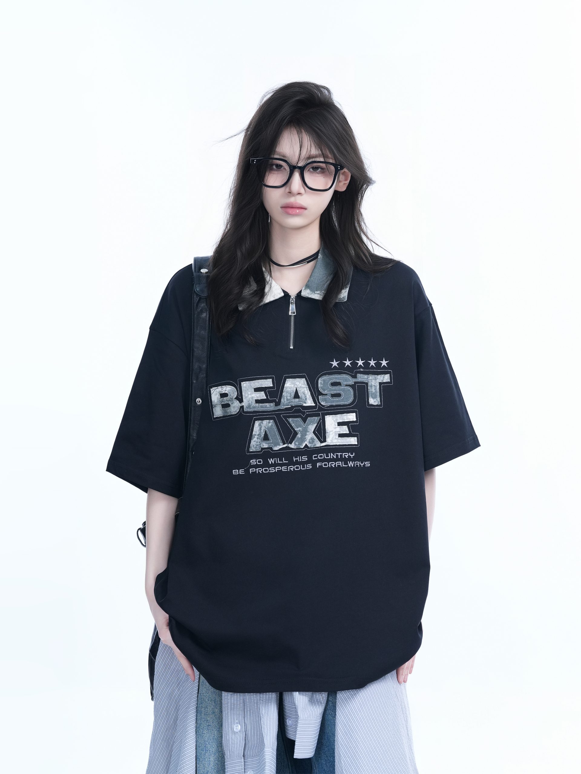 American Retro Embroidered Half-Zip Collar Oversized Short-Sleeve T-Shirt for Women - Casual Y2K Style Top American Retro Embroidered Half-Zip Collar Oversized Short-Sleeve T-Shirt for Women - Casual Y2K Style Top