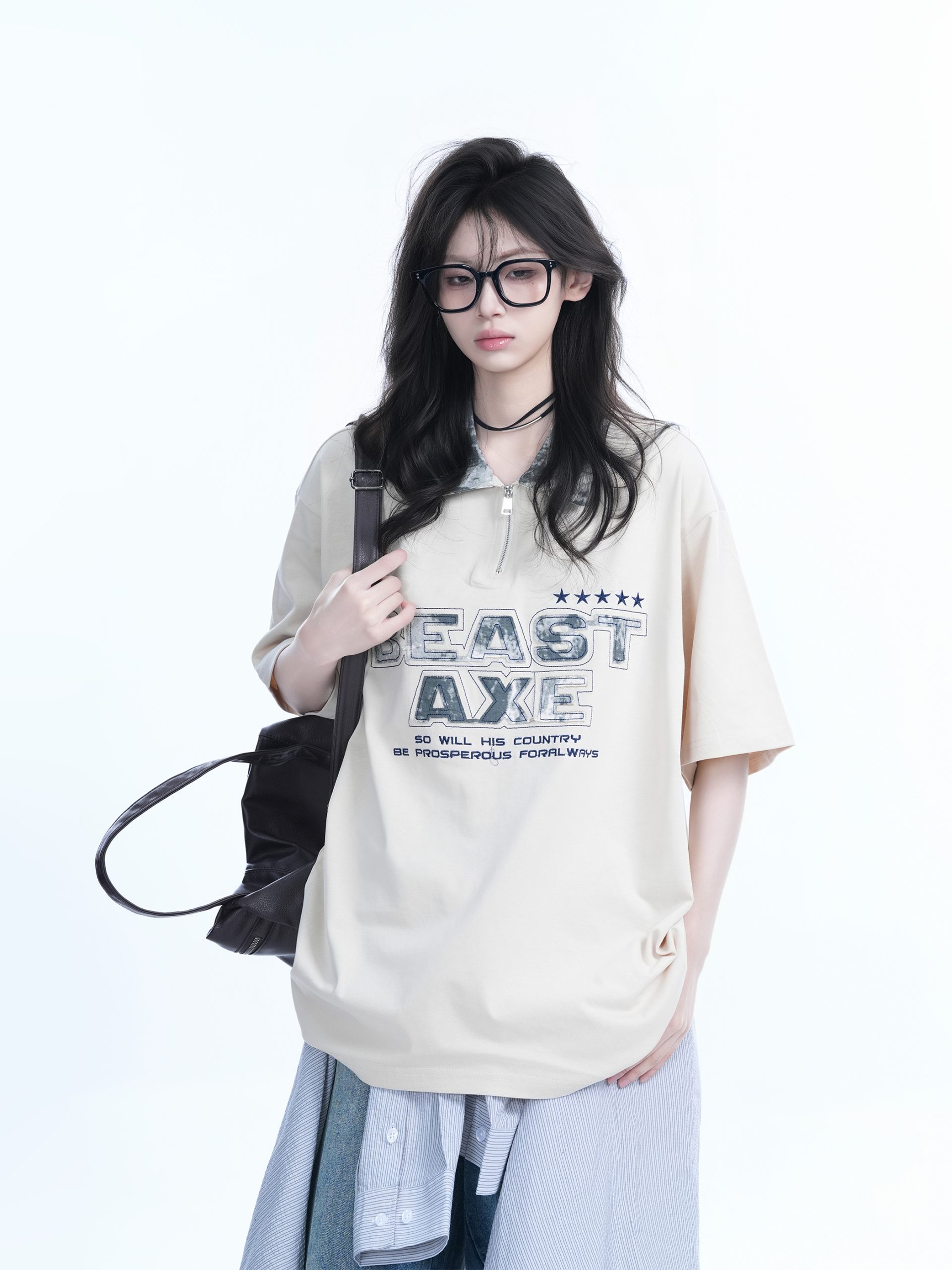 American Retro Embroidered Half-Zip Collar Oversized Short-Sleeve T-Shirt for Women - Casual Y2K Style Top American Retro Embroidered Half-Zip Collar Oversized Short-Sleeve T-Shirt for Women - Casual Y2K Style Top