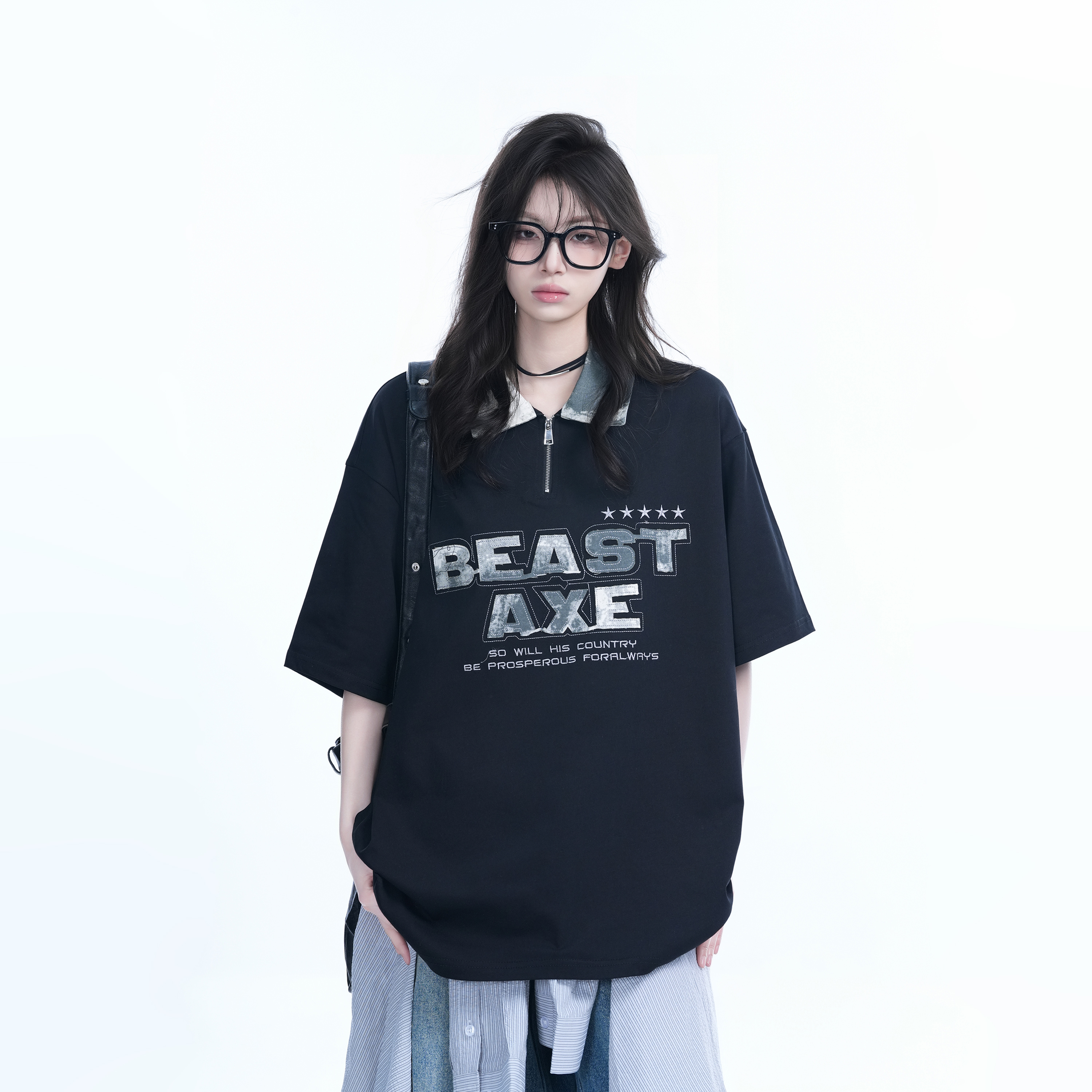 American Retro Embroidered Half-Zip Collar Oversized Short-Sleeve T-Shirt for Women - Casual Y2K Style Top American Retro Embroidered Half-Zip Collar Oversized Short-Sleeve T-Shirt for Women - Casual Y2K Style Top