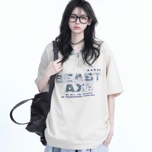 American Retro Embroidered Half-Zip Collar Oversized Short-Sleeve T-Shirt for Women - Casual Y2K Style Top