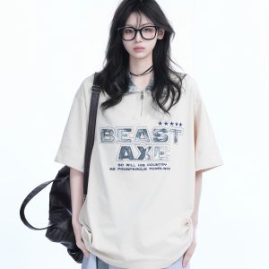 American Retro Embroidered Half-Zip Collar Oversized Short-Sleeve T-Shirt for Women - Casual Y2K Style Top