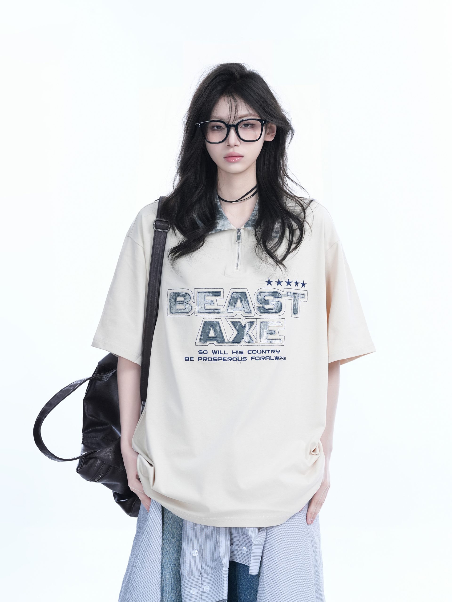 American Retro Embroidered Half-Zip Collar Oversized Short-Sleeve T-Shirt for Women - Casual Y2K Style Top American Retro Embroidered Half-Zip Collar Oversized Short-Sleeve T-Shirt for Women - Casual Y2K Style Top