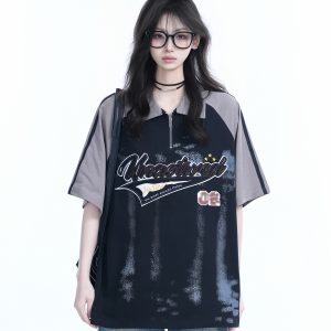 American Retro Embroidered Half-Zip Collar Short Sleeve T-Shirt for Women, Loose Fit, Trendy Vintage Style